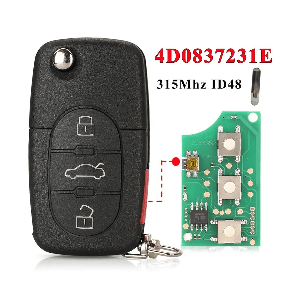 4 Buttons Flip Remote Car Key Fob 315MHz ID48 Transponder Chip Round Groove Slot OE 4D0837231E For Audi