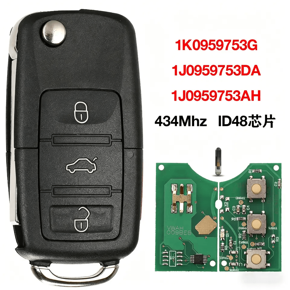 3 Button Folding Auto Remote Control Key With ID48 Chip 434MHz Replacement 1J0959753G DA AH Fit For VW