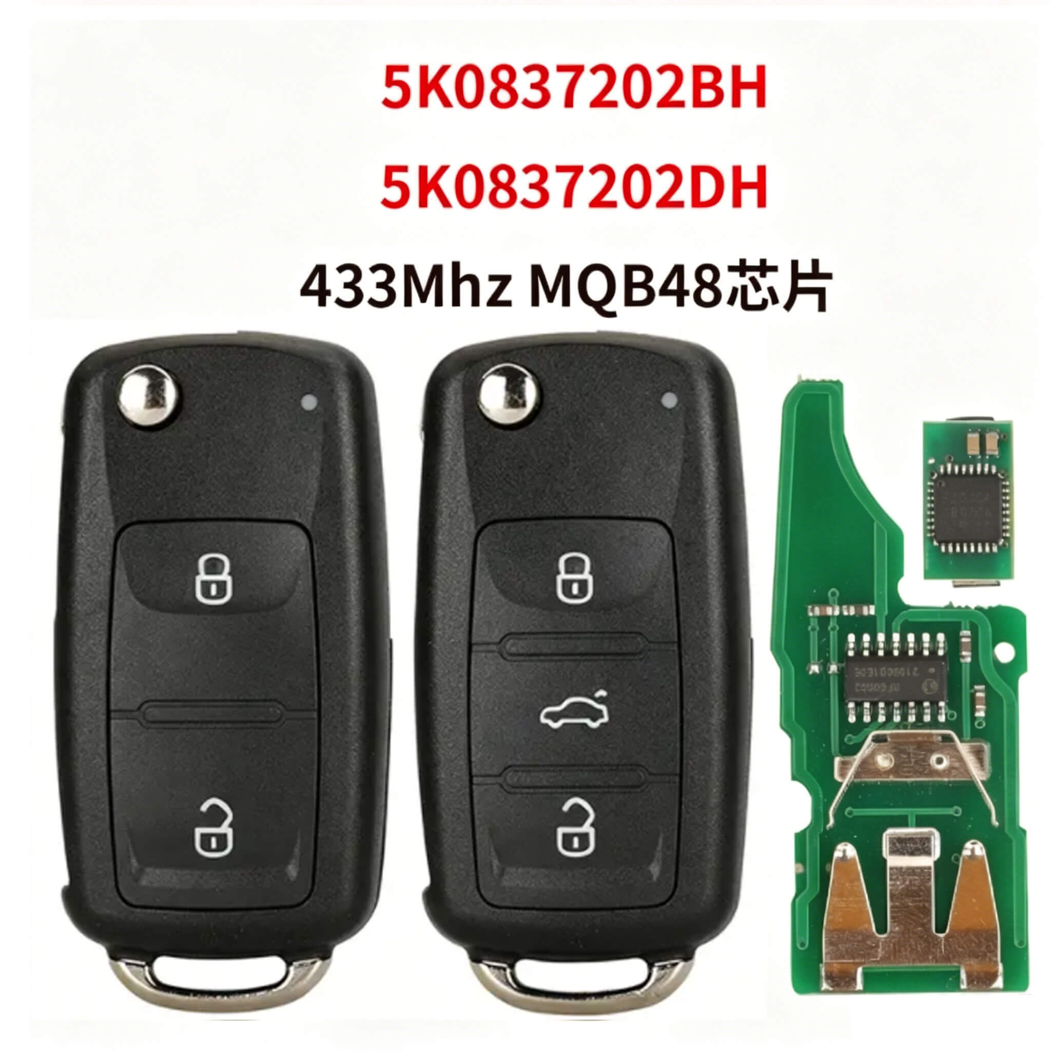 2/3 Buttons Car Remote Key 433MHz MQB48 Chip 5K0837202BH/5K0837202DH For Volkswagen