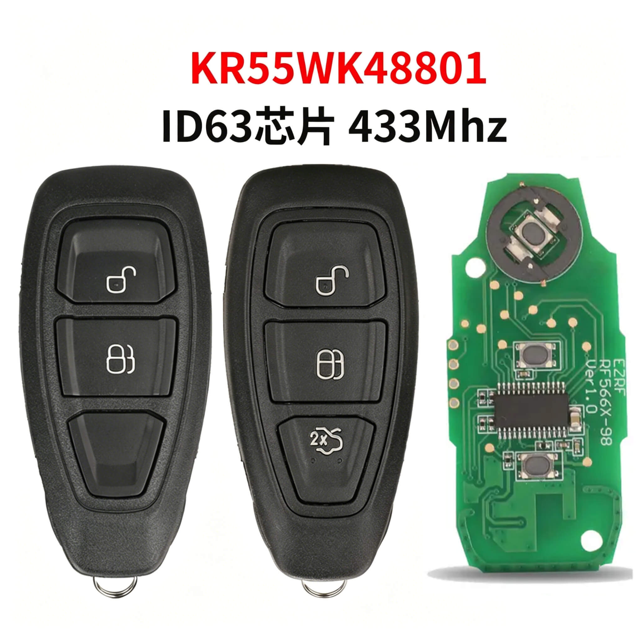 2/3 Button Car Remote Key 433MHz ID63 Chip KR55WK48801 For Ford