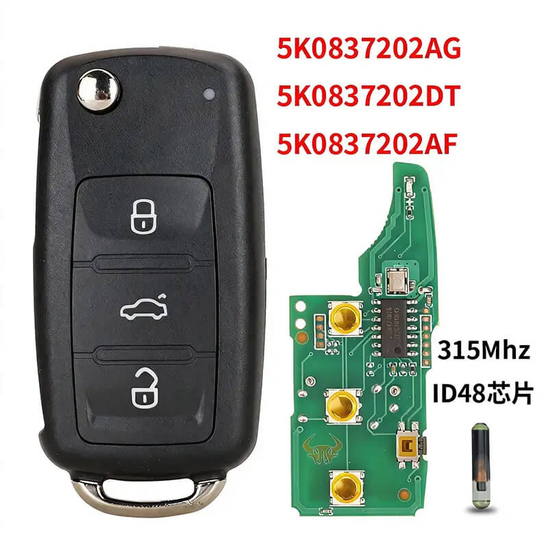 3 Buttons Flip Car Remote Key 315MHz ID48 Chip 5K0837202AG For Volkswagen