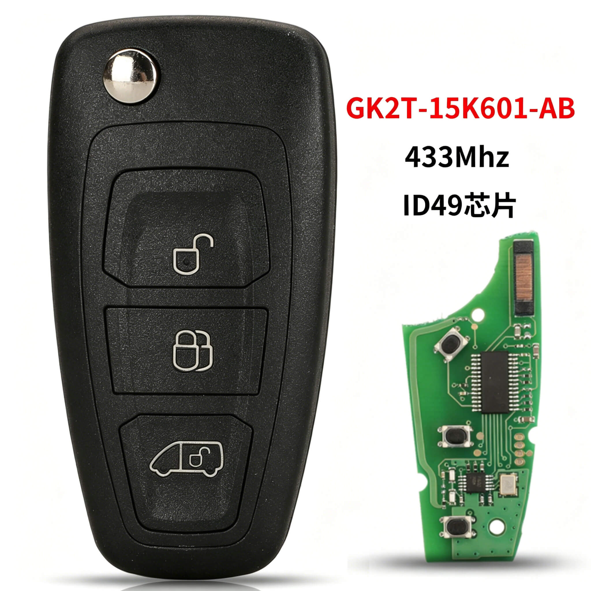3 Button Flip Remote Car Key 433MHz ID49 Chip GK2T-15K601-AB For Ford