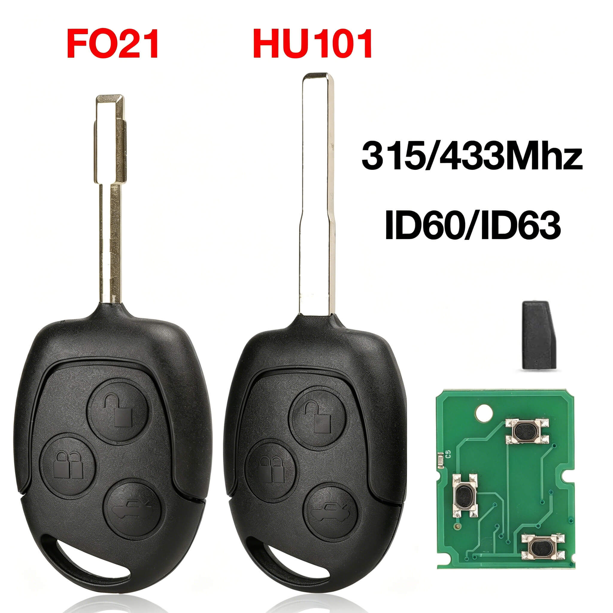 3 Button Straight Remote Car Key ID60/ID63 Chip 315/433MHz For Ford