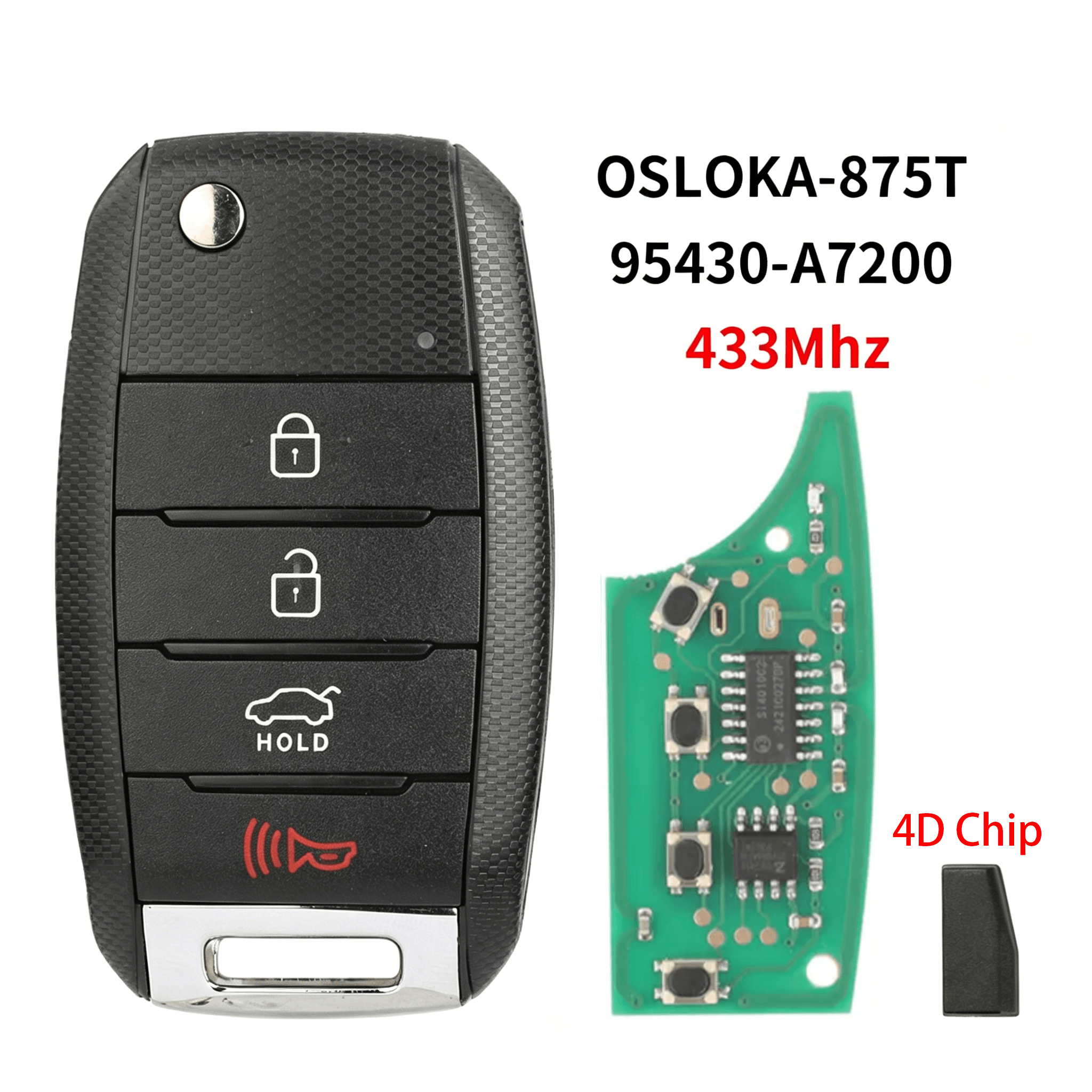 4 Buttons Flip Folding Remote Car Key, 433mhz With 4d Chip, OSLOKA-875T For Kia Forte