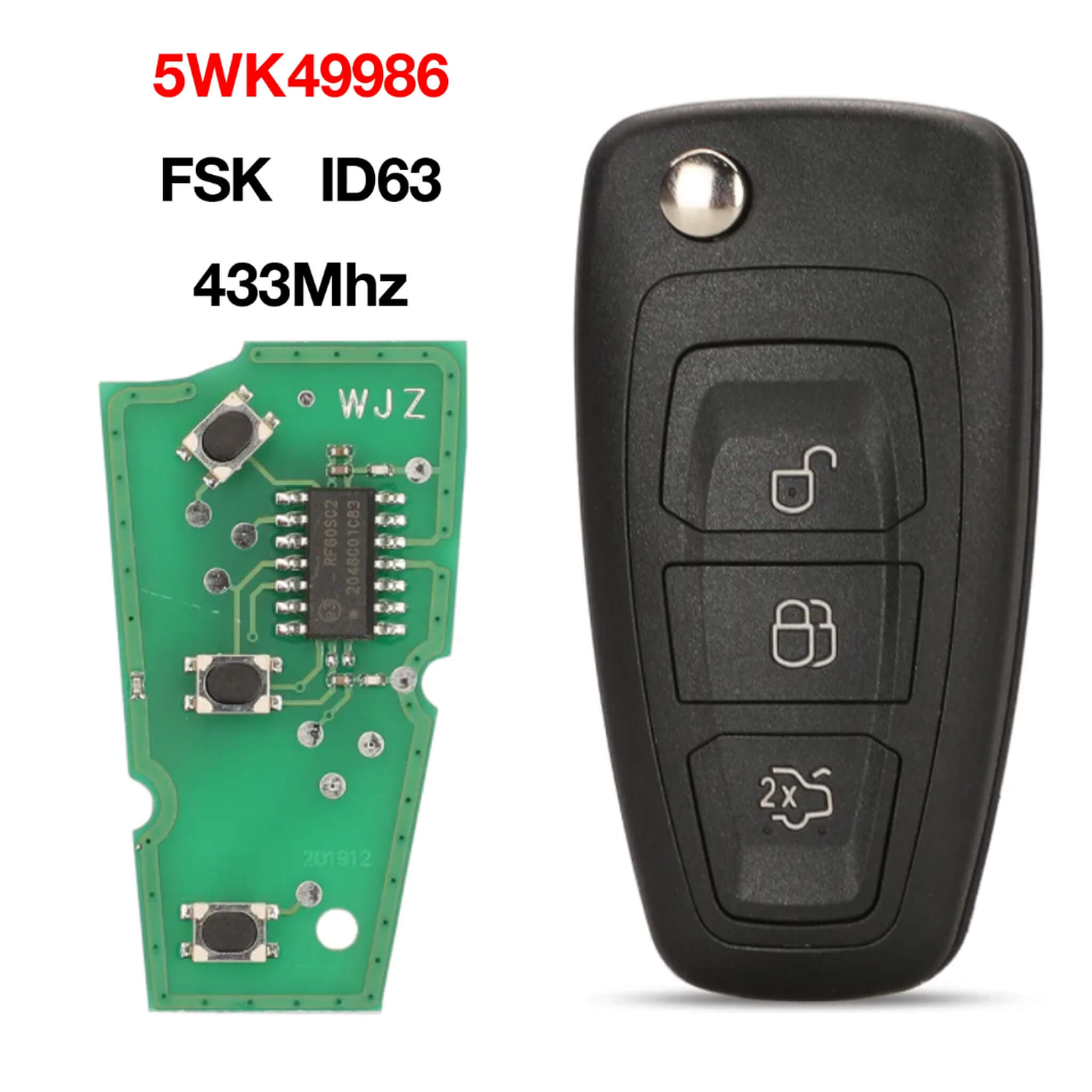 3 Button Flip Remote Key FSK 433MHz 4D63 Chip 5WK49986 For Ford