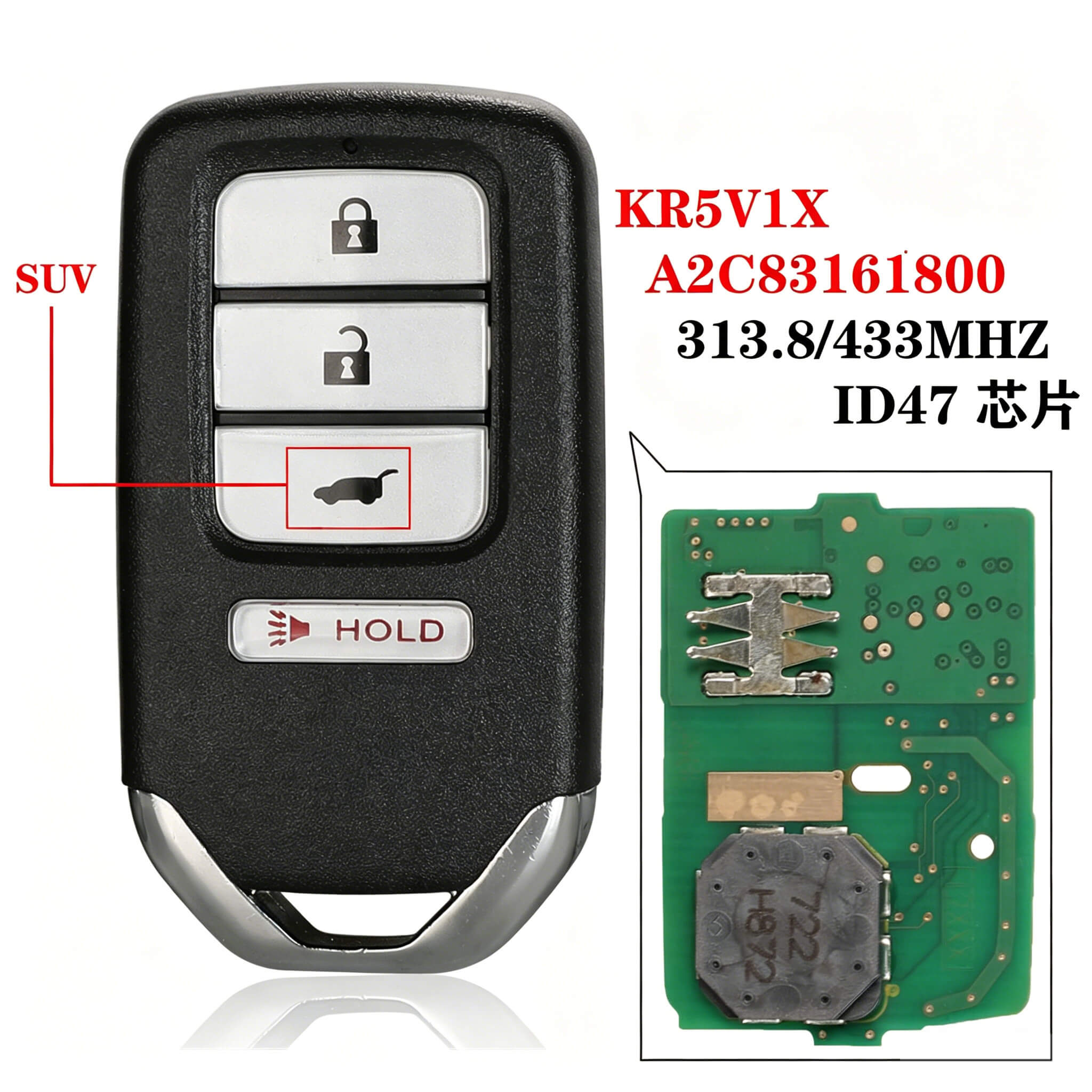 4 Button Remote Key ID47 Chip 313.8/433MHz KR5V1X/KR5V2X For Honda