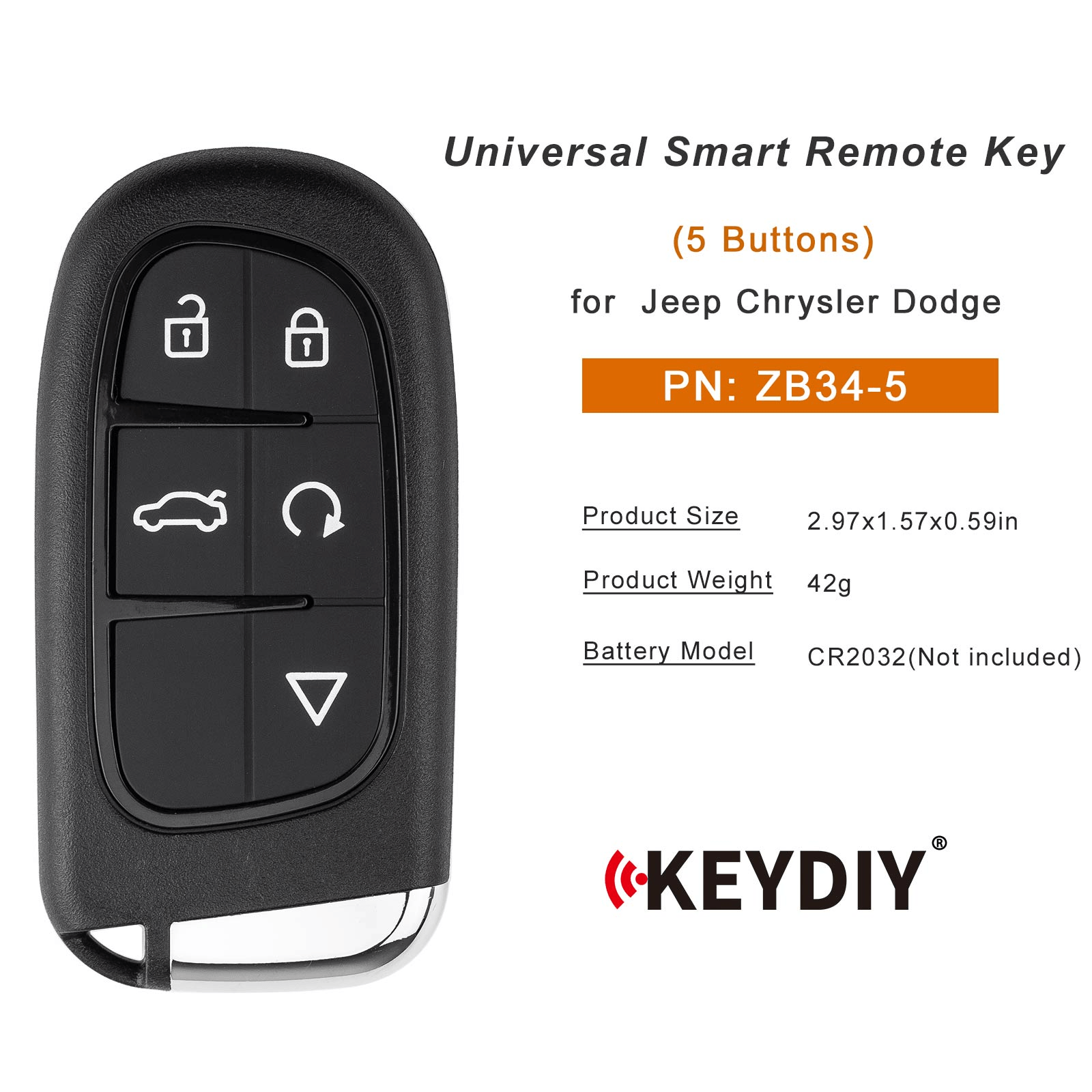 KEYDIY KD ZB34-5 Smart Remote Key for Jeep Chrysler Dodge Type 5 Buttons