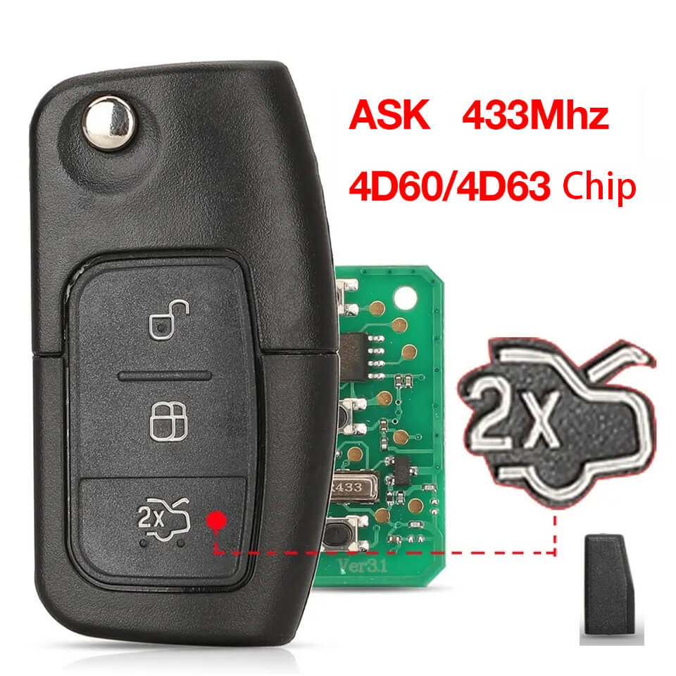 3 Button Flip Remote Car Key ASK 433MHz 4D60/4D63 Chip For Ford
