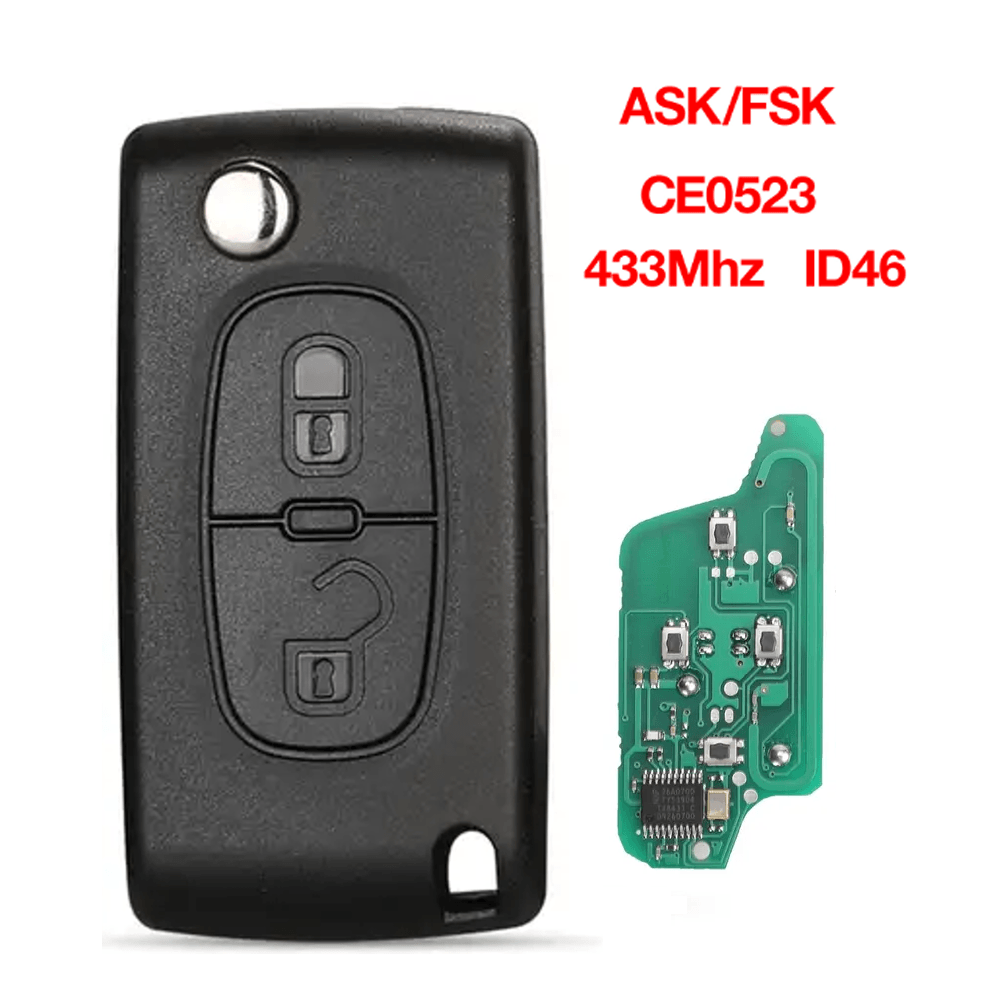 2 Buttons Flip Remote Car Key 433MHz ASK/FSK ID46 Transponder Chip CE0523 For Peugeot Citroen
