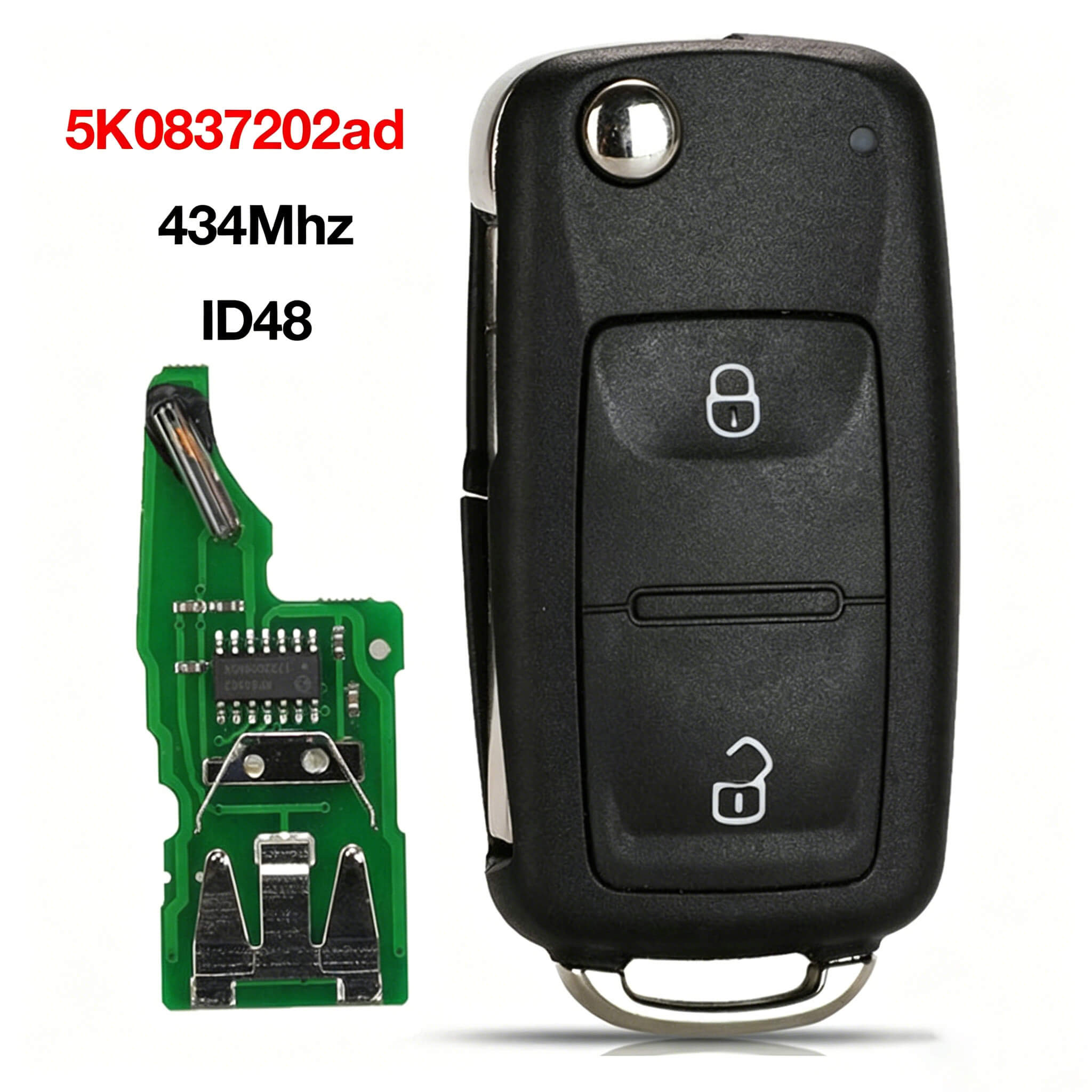 2 Buttons Flip Car Remote Key 434MHz ID48 Chip 5K0837202ad For Volkswagen