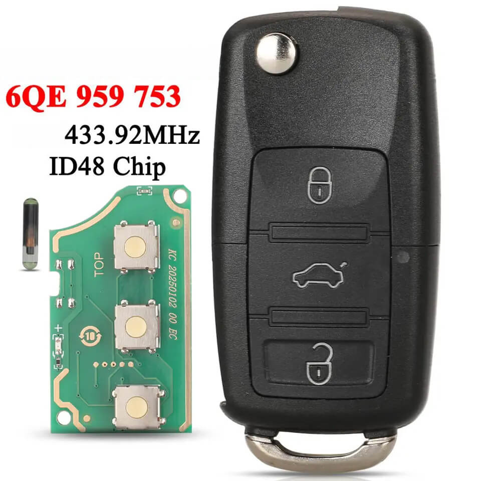 3 Buttons Flip Car Remote Key ID48 Chip 433.92MHz 6QE959753 For Volkswagen