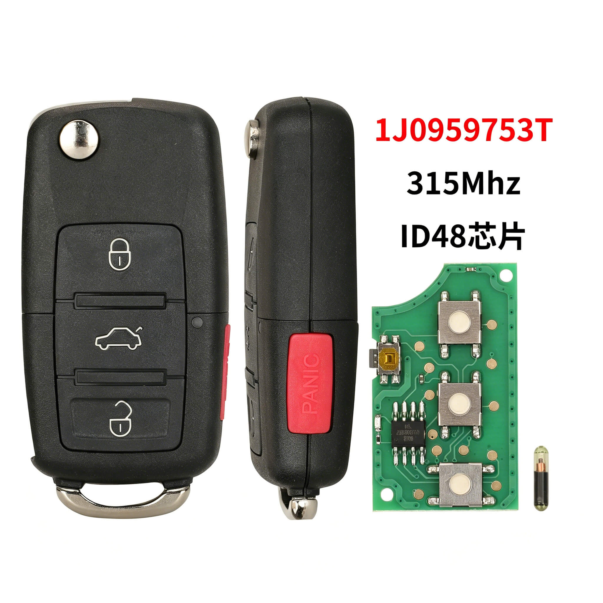 4 Buttons Flip Car Remote Key 315MHz ID48 Chip 1J0959753T For Volkswagen
