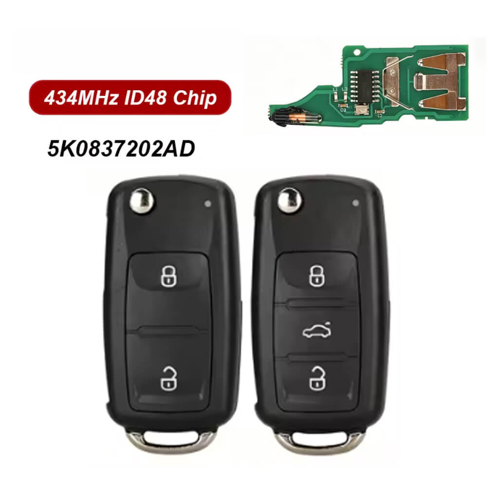 2/3 Buttons Car Remote Control Key With ID48 Chip 434MHz Auto Key 5K0837202AD Replacement For VW Volkswagen