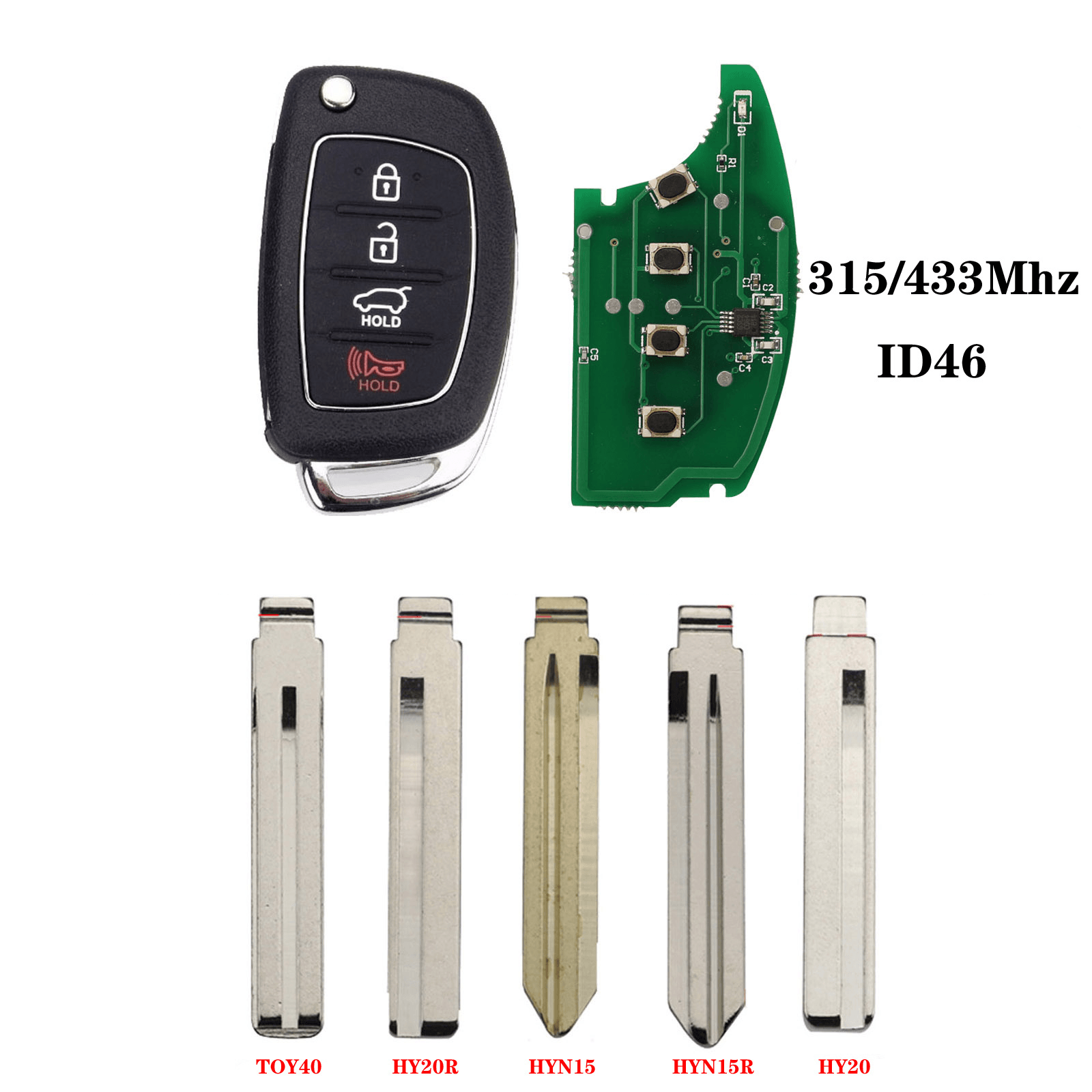 4 Buttons Smart Remote Car Key, 315/433MHz ID46 Chip For Hyundai Elantra Santa Fe