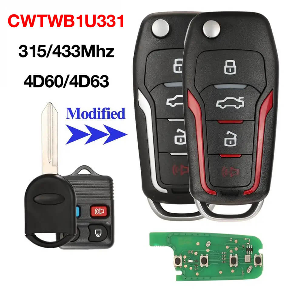 4 Button Modified Remote Car Key CWTWB1U345 ID60/ID63 Chip 433MHz For Ford