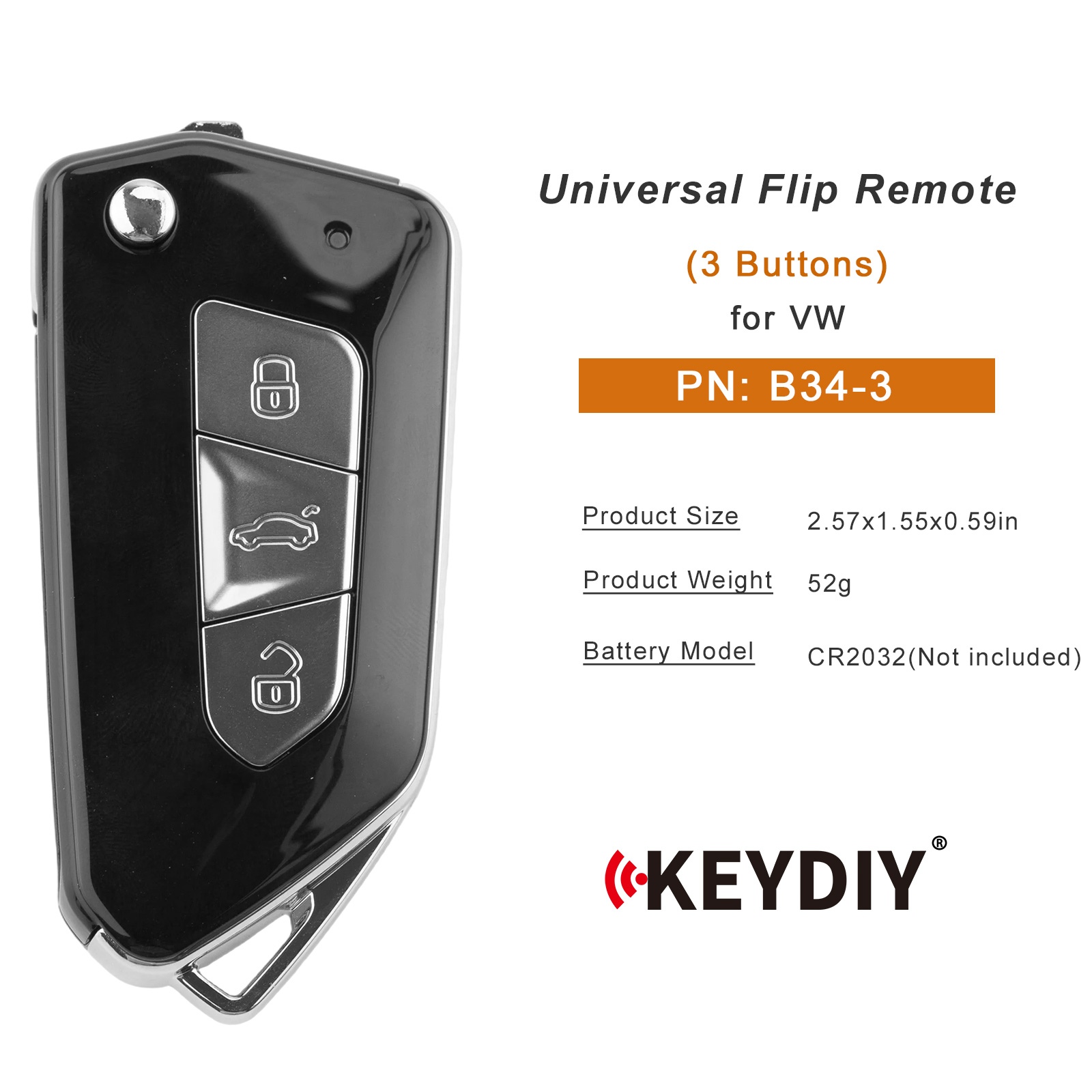 KEYDIY KD B34-3 Flip Remote Key for VW Type 3 Buttons