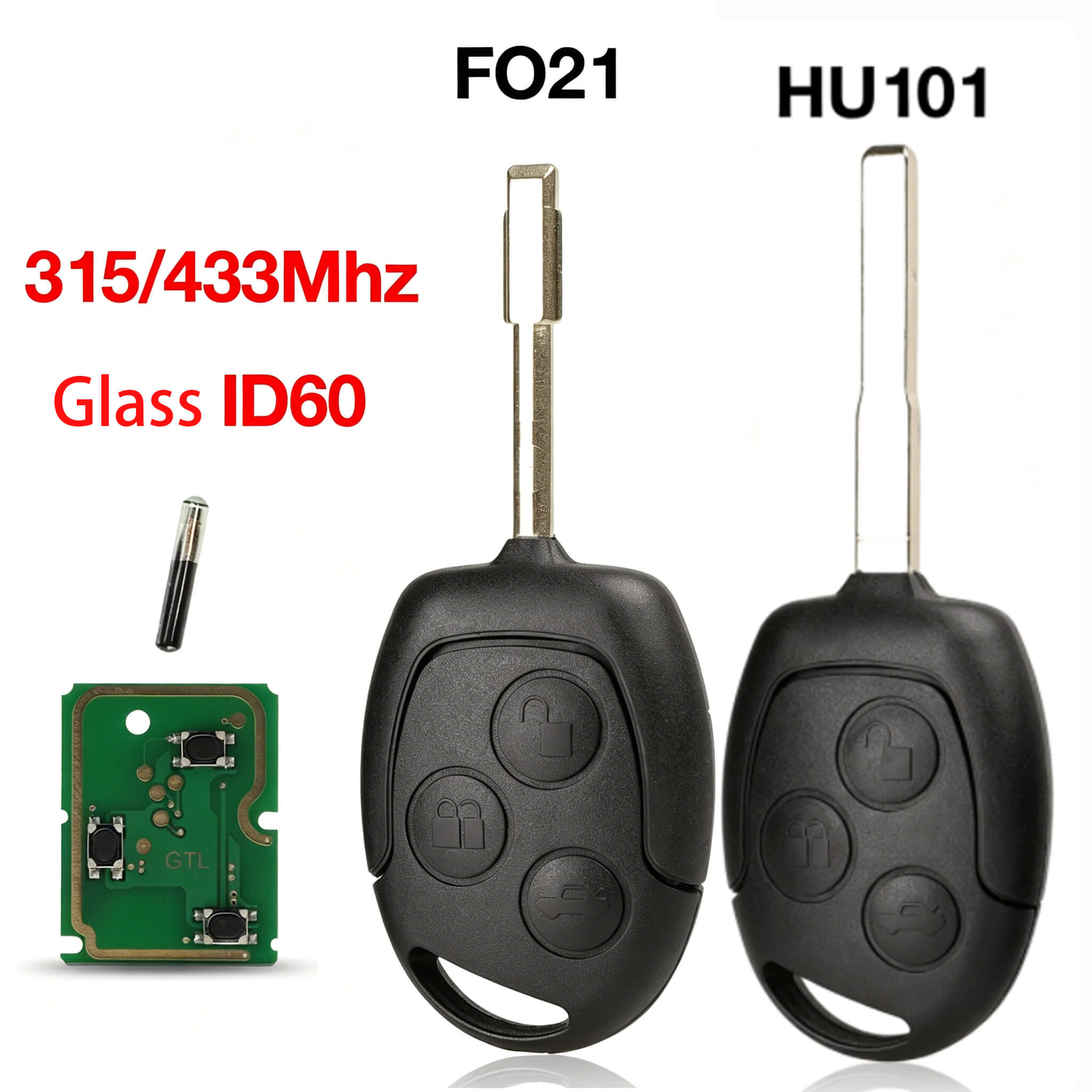 3 Button Straight Remote Car Key 315/433MHz Glass ID60 Chip For Ford
