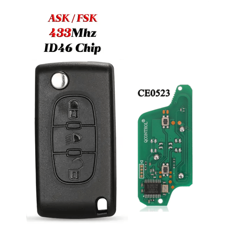 3 Buttons Flip Remote Car Key 433MHz ASK FSK ID46 Transponder Chip CE0523 For Peugeot Citroen