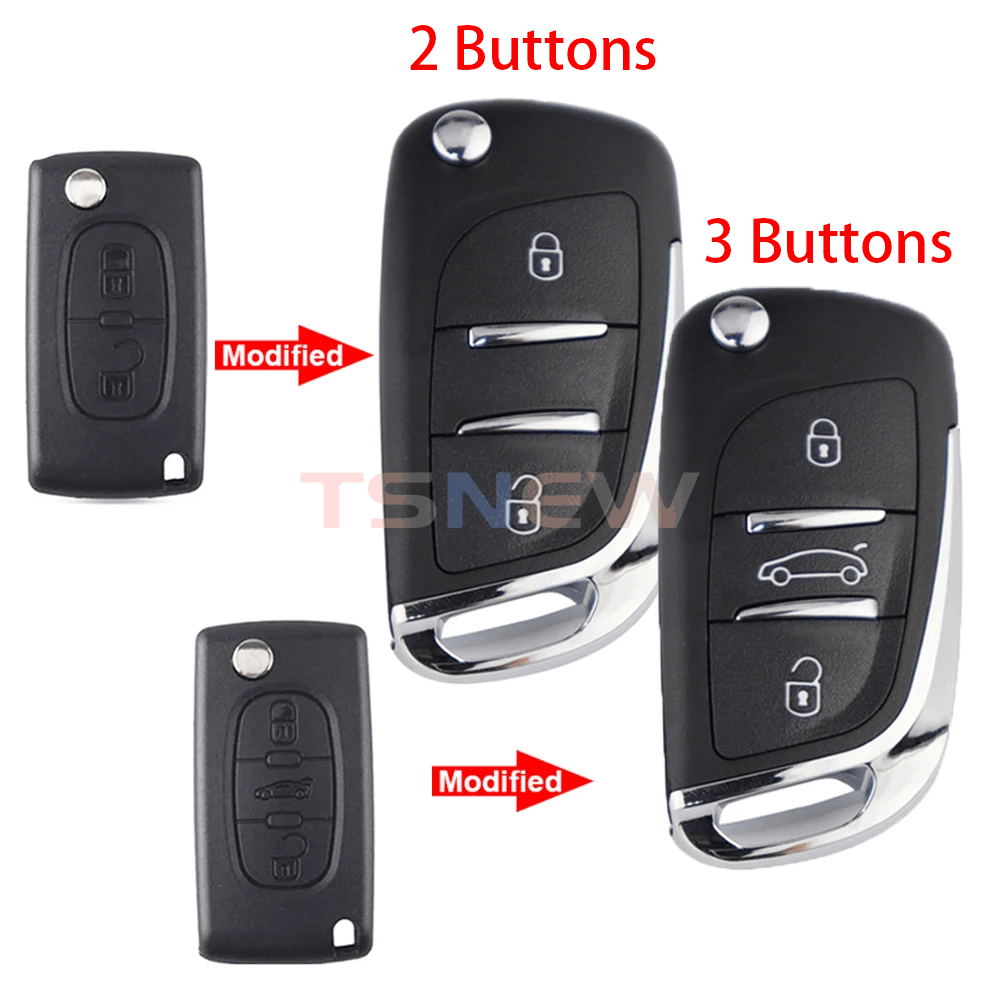 Modified DS Folding Key Shell For Peugeot With Logo Recess, Optional Groove Blade & Battery Holder