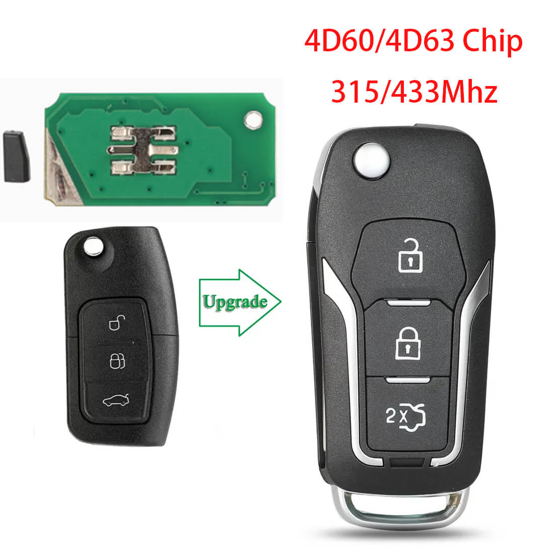 3 Button Modified Flip Remote Car Key 315/433MHz 4D60/4D63 Chip For Ford